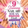 Colorful nail art collage featuring multiple trendy manicure designs, including pink glossy nails, blue floral French tips, lavender shimmer nails, chocolate daisy nails, blue marble nails, burgundy heart nails, and pastel flower nail art arranged around the title "9 Stunning Nail Art Ideas." Bright, modern beauty graphic showcasing stylish nail design inspiration and manicure trends.
