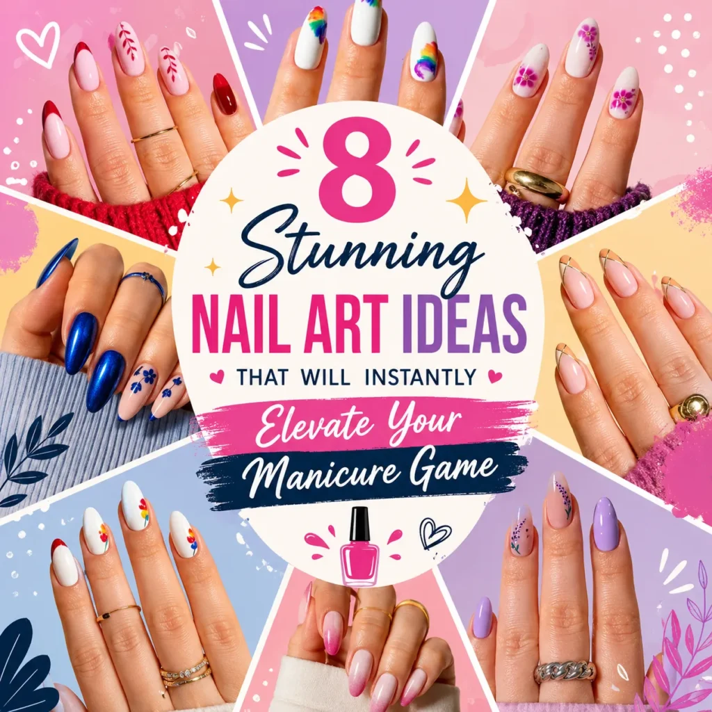 Colorful graphic featuring eight trendy nail art designs including floral nails, French tips, ombre nails, lavender nails, rainbow accents, blue chrome nails, and minimalist manicures surrounding the title “8 Stunning Nail Art Ideas That Will Instantly Elevate Your Manicure Game”. Perfect inspiration for elegant nail designs, acrylic nails, and modern manicure trends.