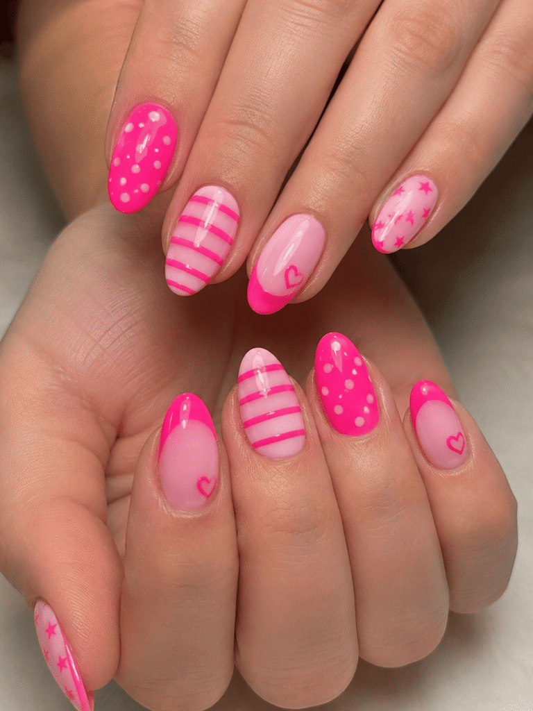 Electric pink neon nails with glossy almond-shaped nail art featuring striped patterns, polka dots, tiny hearts, and pink star accents for a bold summer manicure look.