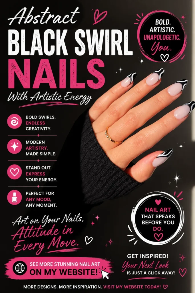 Abstract black swirl nails featuring elegant black wave patterns on a soft nude base. Modern almond-shaped manicure with artistic details, trendy black nail art, and stylish statement nails perfect for fashion-forward nail inspiration and 2026 nail trends.