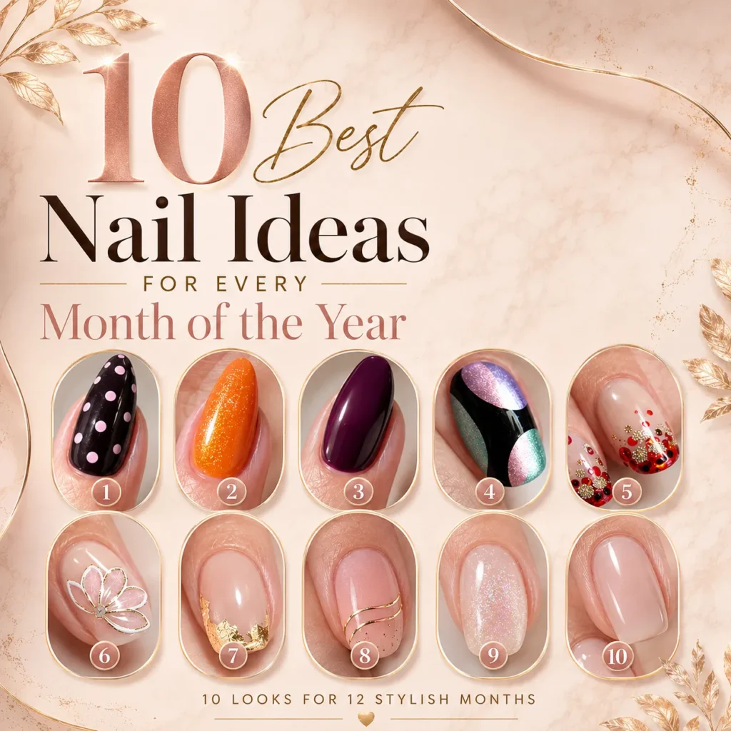 Best Nail Ideas for every month featuring elegant gold tips, plum nails, polka dots, glitter accents, and trendy nail art designs.