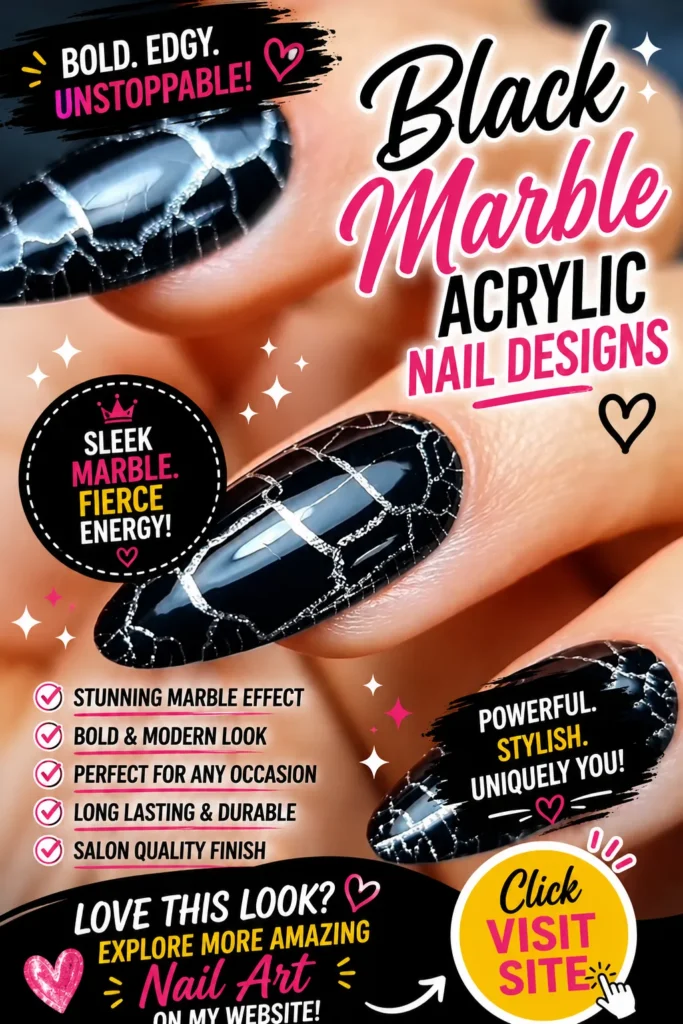 Summer Acrylic Nail Designs featuring bold black marble acrylic nails with a glossy finish, sleek crackle marble effect, edgy almond-shaped manicure, trendy nail art inspiration, and stylish black nail designs.