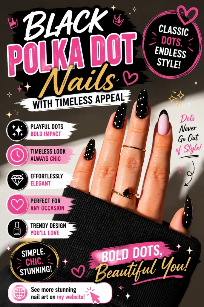 Elegant black polka dot nail design featuring glossy black almond-shaped nails with white dot accents and a soft pink accent nail. Chic, timeless manicure perfect for trendy nail art, modern nail inspiration, and stylish everyday looks.