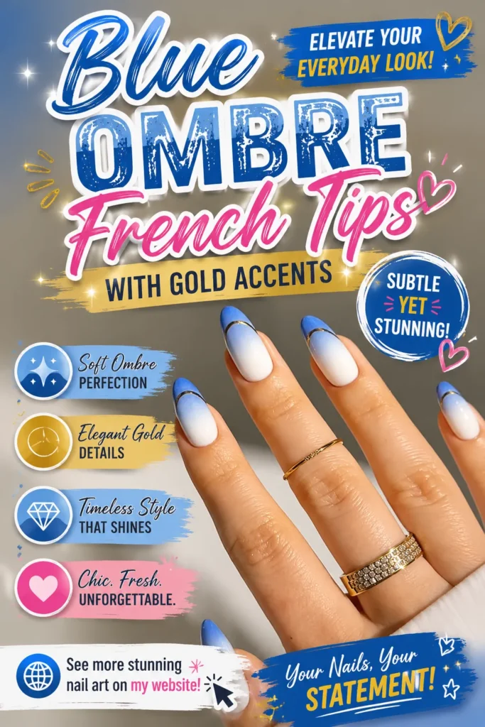 Blue ombre French tip nails with elegant gold accents and a soft gradient effect. Sophisticated manicure featuring almond-shaped nails, luxury nail art, classy French tips, and trendy summer nail inspiration.