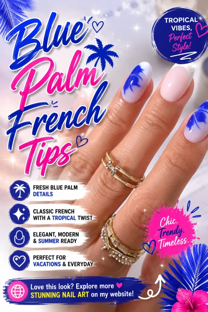 Blue Palm French Tip nail design featuring white and blue French tips with tropical palm tree accents, elegant summer manicure, beach-inspired nail art, vacation nails, cute summer nail designs, and trendy nail inspiration.
