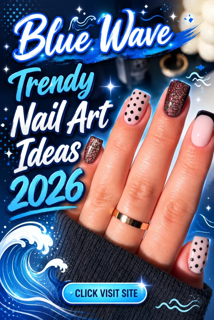 Trendy Nail Art Ideas 2026 featuring blue wave inspired nail art with black glitter accent nails, polka dot details, glossy pink base, and stylish square-shaped manicure. Modern blue nail designs, cute summer nail designs, trendy nails 2026, acrylic nail inspiration, and elegant nail art ideas.
