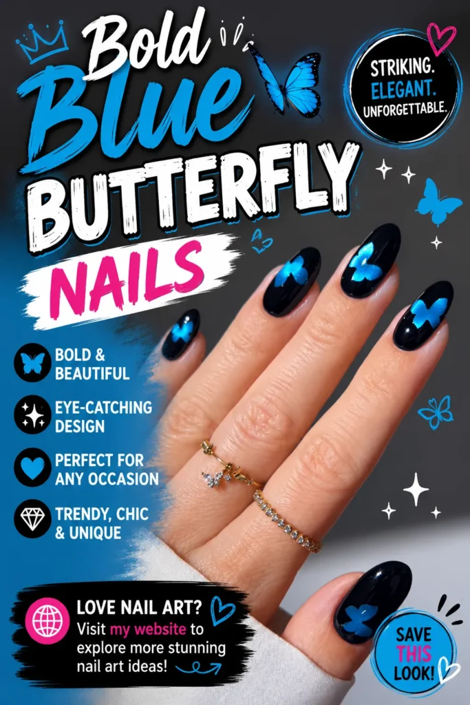 Bold Blue Butterfly Nails Bold blue butterfly nails with vibrant blue butterfly accents on glossy black nails. Trendy nail art design featuring elegant butterfly details, stylish manicure inspiration, and eye-catching nail trends perfect for any season.