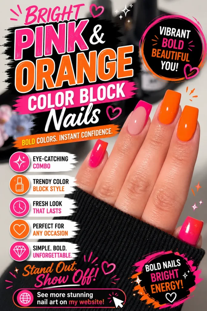Bright pink and orange color block nail design featuring vibrant square-shaped nails with bold neon shades. Trendy summer manicure with hot pink and orange color blocking, perfect for stylish nail art lovers seeking a fun and eye-catching look.