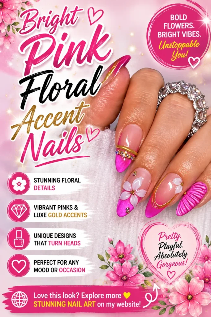 Bright pink floral accent nails with glossy almond-shaped tips, delicate flower nail art, gold accents, and vibrant pink details. Elegant and feminine manicure inspiration perfect for trendy nail designs, summer nail art, special occasions, and stylish everyday wear.
