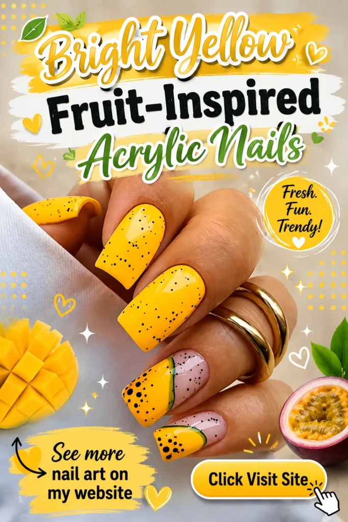 Summer Acrylic Nail Designs featuring bright yellow fruit-inspired acrylic nails with tropical yellow polish, black speckle details, glossy square-shaped manicure, cute summer nail designs, trendy nails 2026, fruit nail art ideas, and colorful acrylic nail inspiration.