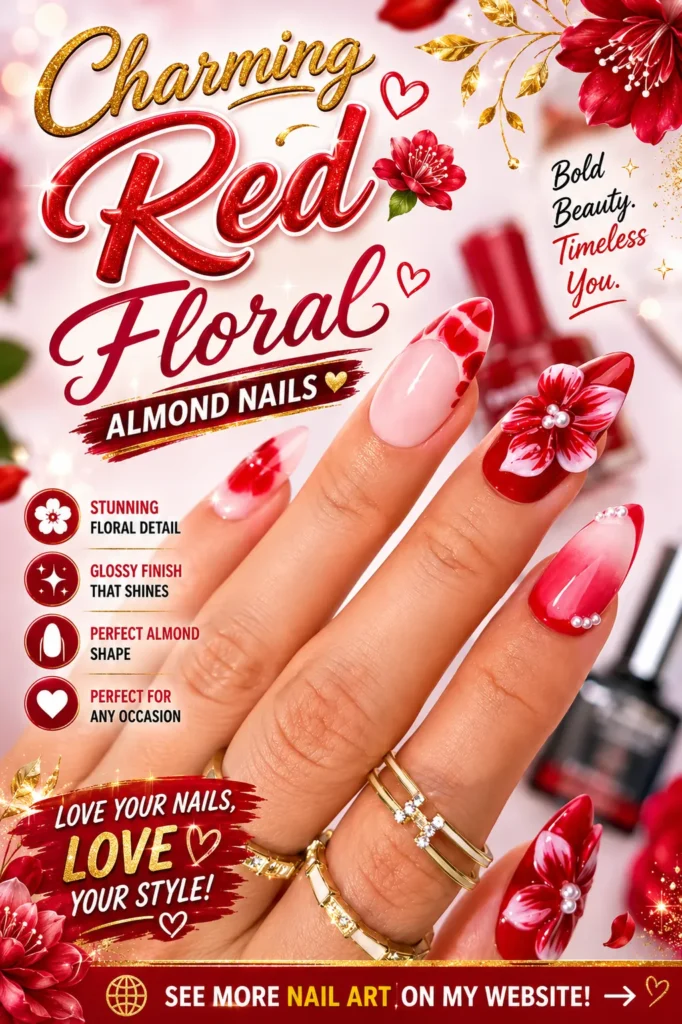 Elegant red floral almond nail design featuring hand-painted red flowers, glossy red ombré nails, pearl accents, and a chic almond shape. Romantic floral nail art perfect for stylish manicures, special occasions, and trendy nail inspiration.