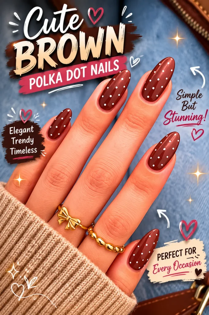 Cute Brown Polka Dot Nails Cute brown polka dot nails featuring glossy chocolate brown almond-shaped nails decorated with tiny white dots. This elegant nail art design combines minimalist beauty, trendy acrylic nails, and timeless style for a chic manicure. Perfect for everyday wear, fall-inspired nail looks, cute nail inspo, and classy fashion-forward nail designs.