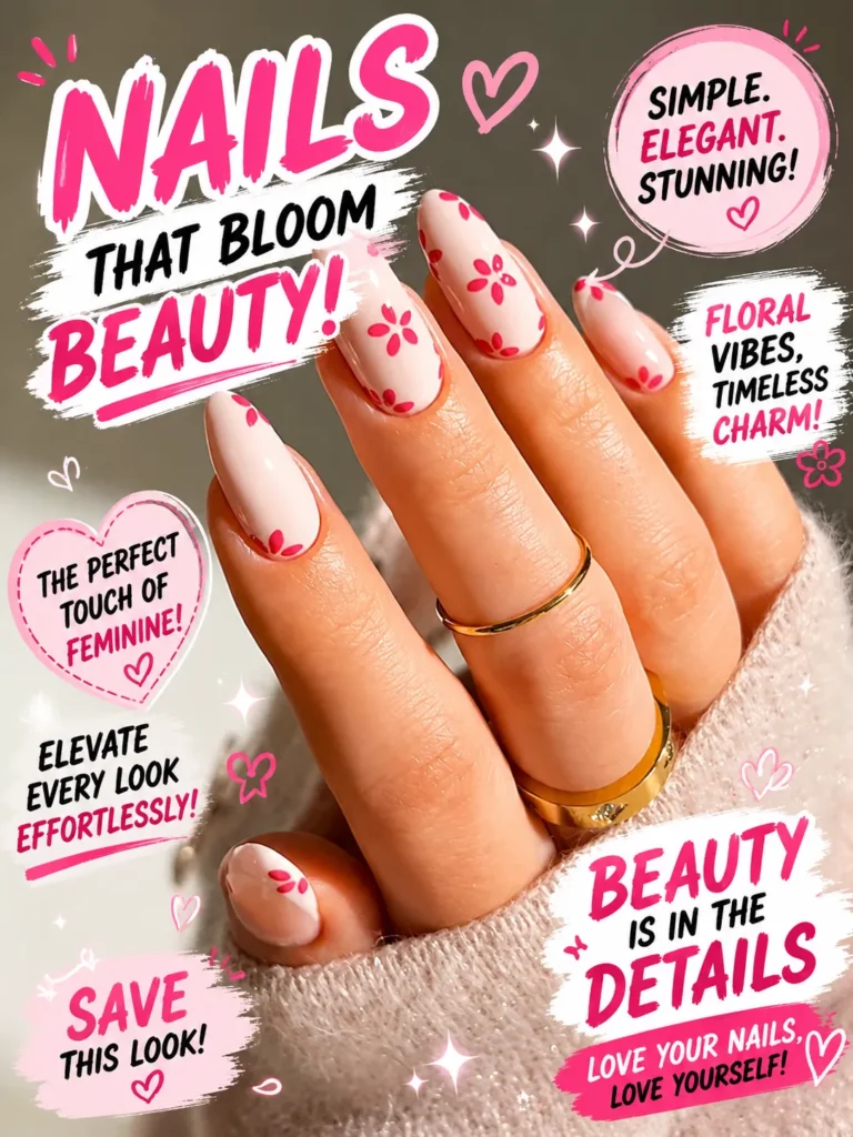 Soft Pink Floral Bloom Nails Elegant floral nail art featuring soft pink almond-shaped nails with delicate pink flower accents on a nude base. This feminine manicure combines minimalist floral nail designs, cute nail inspo, and classy acrylic nails for a chic, timeless, and romantic look perfect for spring and summer.
