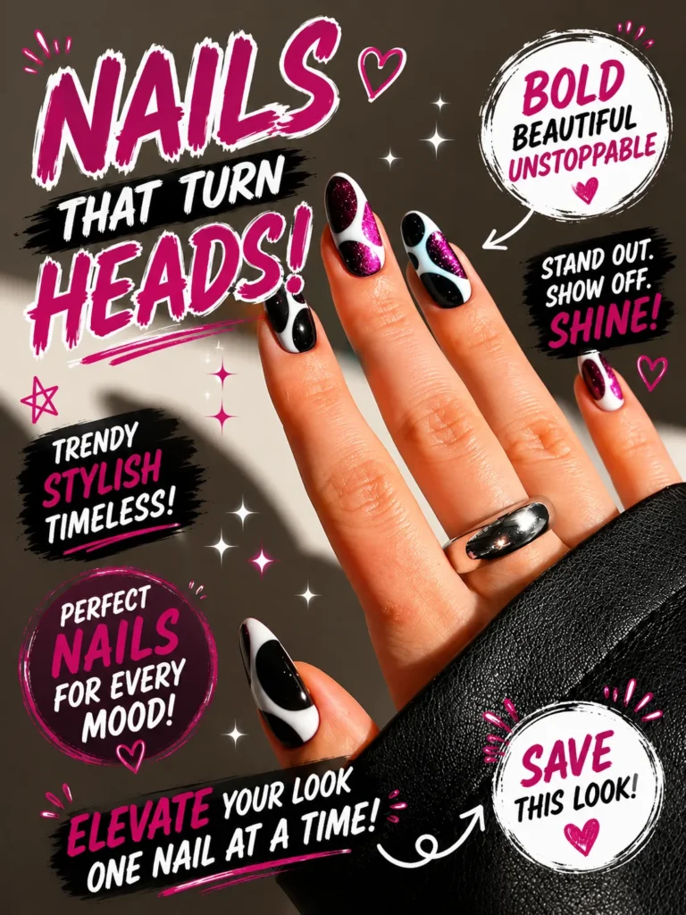 Glitter Wave Glam Nails Black and white swirl nail art with sparkling pink glitter accents on almond-shaped nails. This bold acrylic nail design combines modern abstract patterns, glamorous shimmer details, and trendy nail art inspiration for a stylish manicure that stands out. Perfect for fashion-forward looks, special occasions, and statement nail lovers.