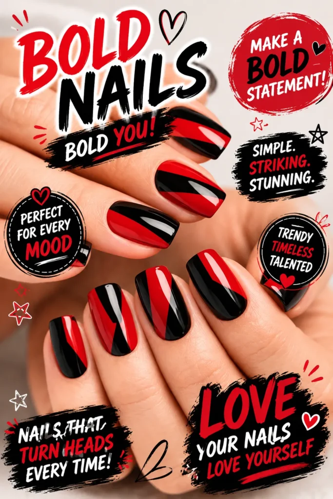 Bold Red and Black Statement Nails Bold red and black geometric nail art design featuring glossy almond-shaped nails with striking diagonal patterns. This trendy manicure combines modern nail art designs, acrylic nails inspiration, and statement-making color contrasts for a chic, edgy, and fashionable look perfect for special occasions and everyday style.