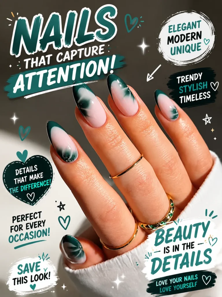 Modern Emerald Ombre Nails Elegant teal green marble nail design with glossy almond-shaped nails featuring smoky ombré details and soft nude accents. This modern manicure combines classy acrylic nails, trendy nail art designs, and minimalist nail inspiration for a sophisticated, stylish look perfect for any season or special occasion.