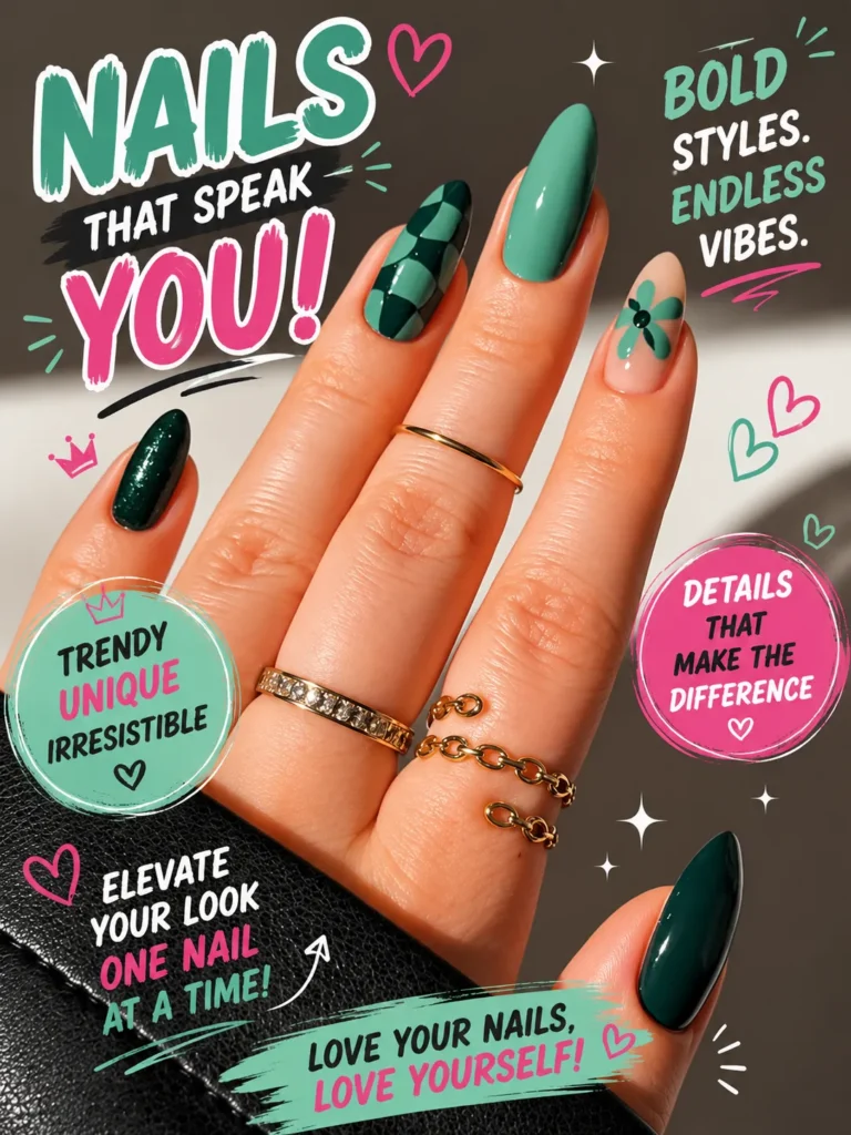 Trendy Emerald Checkerboard Nails Trendy green almond nails featuring glossy emerald and mint green shades, a checkerboard accent nail, and a floral nail art design. This bold and stylish manicure combines modern acrylic nails, cute nail inspo, and unique nail art designs for a fresh, eye-catching look