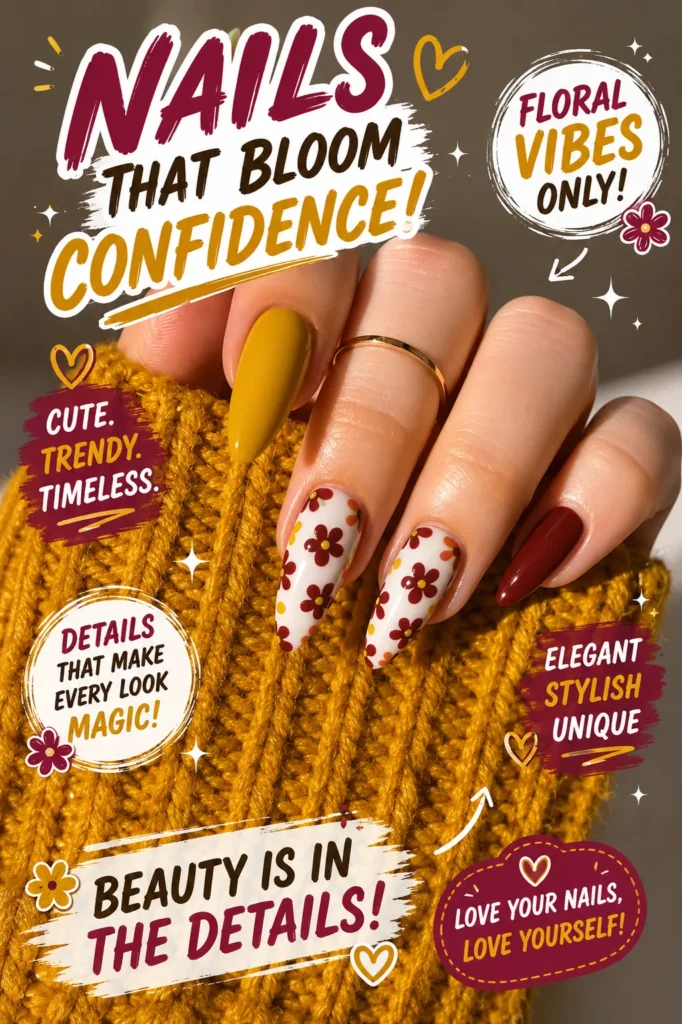 Cozy Floral Autumn Nails Mustard yellow and floral almond nails featuring white accent nails with red and orange flower patterns, paired with rich burgundy nails. This elegant floral manicure combines autumn-inspired colors, cute nail art designs, acrylic nail inspiration, and trendy almond-shaped nails for a stylish and feminine look.