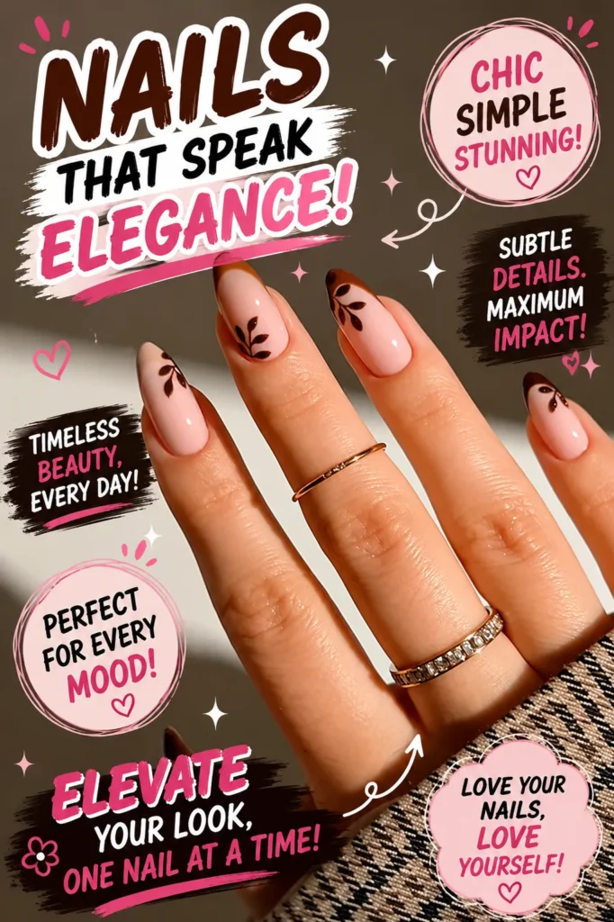Nails That Speak Elegance Elegant brown French tip nail design with delicate leaf accents on a soft pink nude base. These almond-shaped nails combine classy nail art, minimalist details, and timeless beauty for a sophisticated manicure. Perfect for everyday elegance, cute nail inspo, acrylic nail lovers, and chic seasonal nail trends.