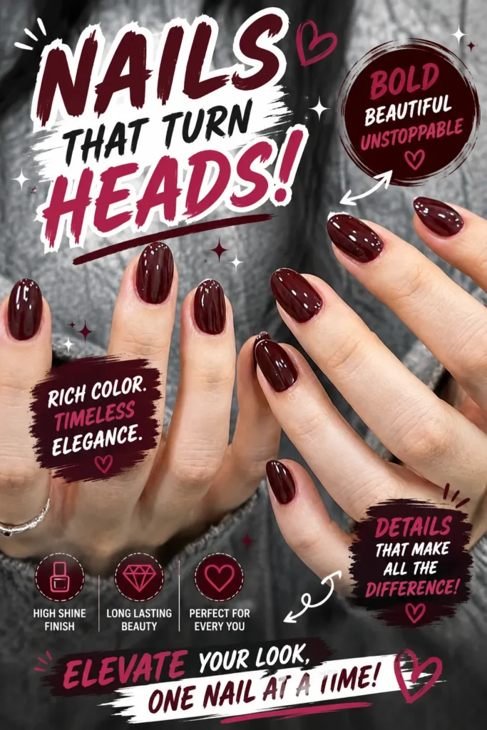Glossy burgundy nail art design featuring elegant dark red almond nails with a high-shine finish. Trendy classy manicure inspiration, chic nail designs, stylish nail art ideas, modern burgundy nails, and elegant manicure look for every season.