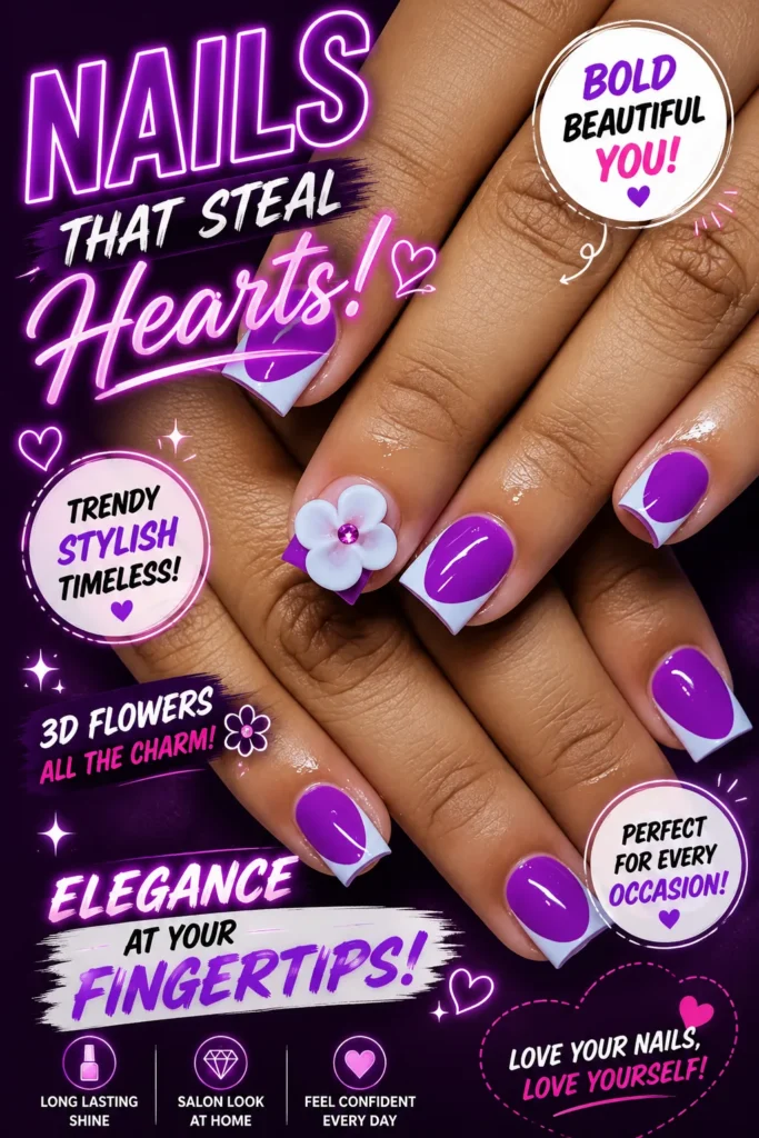 Beautiful purple nail art with white French tip accents and 3D floral nail designs. Trendy acrylic nails featuring glossy lavender polish, elegant flower nail art, cute manicure inspiration, stylish nail designs, and modern nail art ideas for every season.