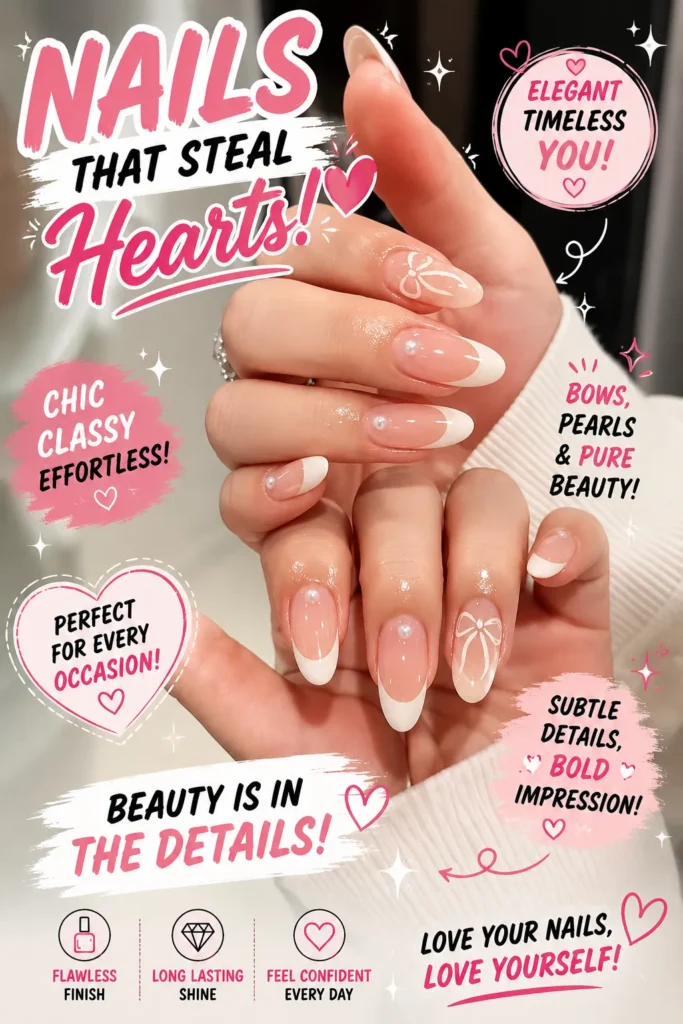 Elegant French tip nail art featuring glossy pink  nails with white tips, delicate bow nail designs, pearl accents, and classy almond-shaped acrylic nails. Chic bridal manicure inspiration, trendy nail art ideas, feminine nail designs, and stylish French manicure for a sophisticated look.