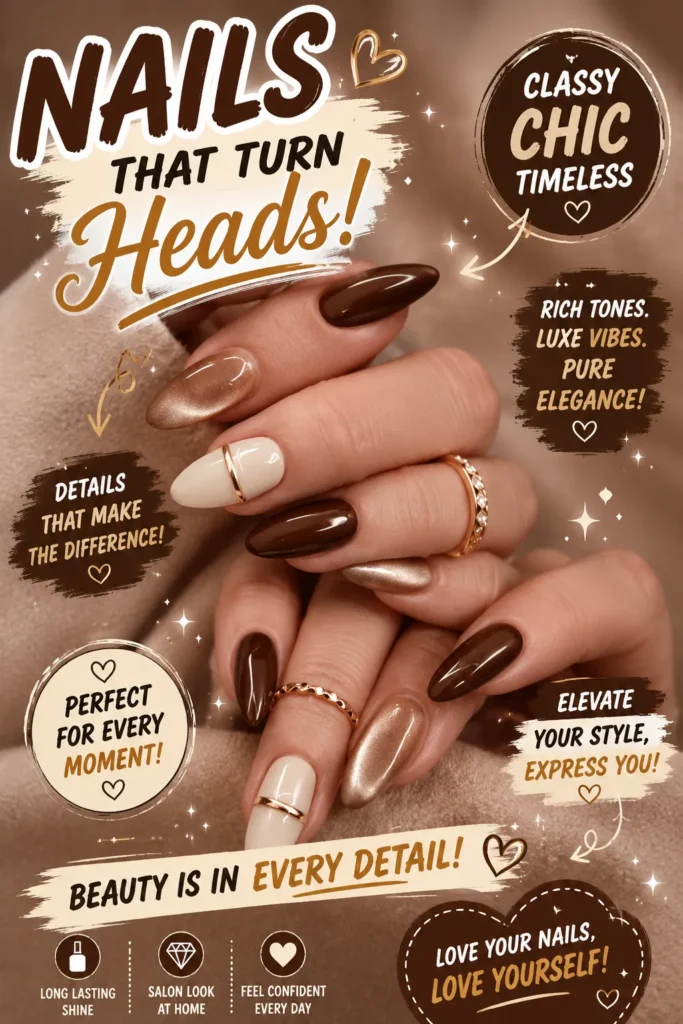 Elegant brown nail art featuring glossy chocolate brown nails, creamy white accent nails, and shimmering metallic details. Classy almond-shaped manicure with luxury nail designs, chic nail art inspiration, sophisticated acrylic nails, and timeless manicure ideas for a stylish modern look.