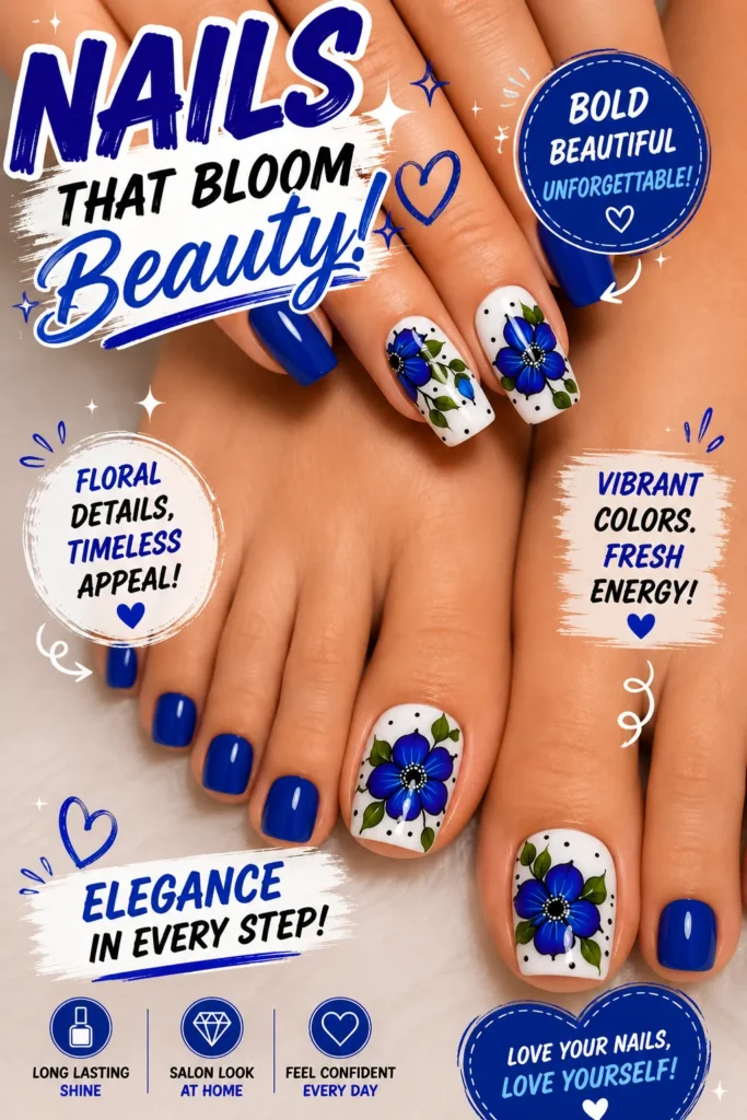 Royal blue floral nail art featuring glossy cobalt blue nails with hand-painted flower designs on white accent nails. Elegant acrylic nail designs, vibrant floral manicure, trendy nail art inspiration, stylish summer nails, and beautiful blue nail ideas for a chic modern look.