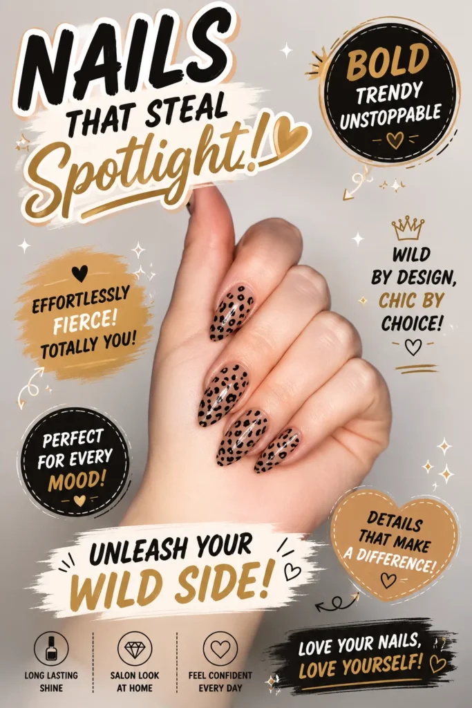 Trendy leopard print nail art featuring glossy almond-shaped nails with chic animal print patterns. Elegant acrylic nail designs, fashionable manicure inspiration, bold nail art ideas, stylish statement nails, and modern leopard nails for a glamorous look