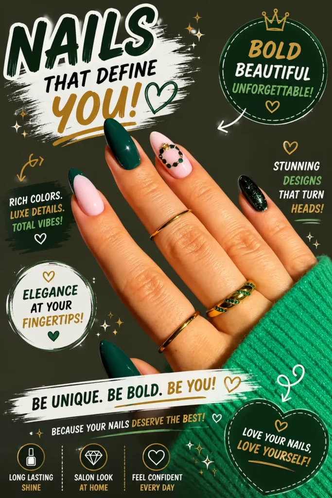 Elegant emerald green nail art featuring glossy dark green almond nails, sparkling accent nails, and luxury gemstone nail details. Trendy acrylic nail designs, classy green manicure inspiration, chic nail art ideas, stylish statement nails, and modern elegant nail designs for a sophisticated look.