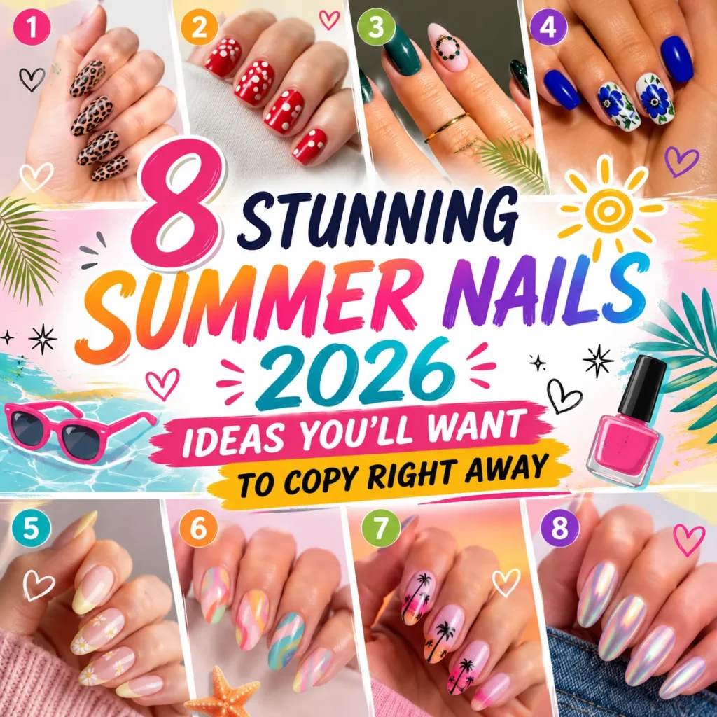 Colorful summer nail art collage featuring trendy manicure designs, pastel nails, floral nail art, leopard print nails, blue flower nails, polka dot nails, chrome nails, and tropical nail designs. Stylish Summer Nails 2026 inspiration with vibrant acrylic nail ideas, cute nail art trends, and fashionable manicure looks for the season.