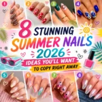 Colorful summer nail art collage featuring trendy manicure designs, pastel nails, floral nail art, leopard print nails, blue flower nails, polka dot nails, chrome nails, and tropical nail designs. Stylish Summer Nails 2026 inspiration with vibrant acrylic nail ideas, cute nail art trends, and fashionable manicure looks for the season.