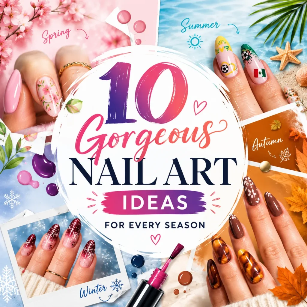 Colorful collage featuring seasonal nail art designs with floral spring nails, beach-inspired summer nails, warm autumn manicure styles, and snowflake winter nail designs surrounding the title “10 Gorgeous Nail Art Ideas for Every Season.” Trendy almond-shaped nails showcase elegant nail art, seasonal manicure inspiration, and stylish nail designs for year-round beauty.