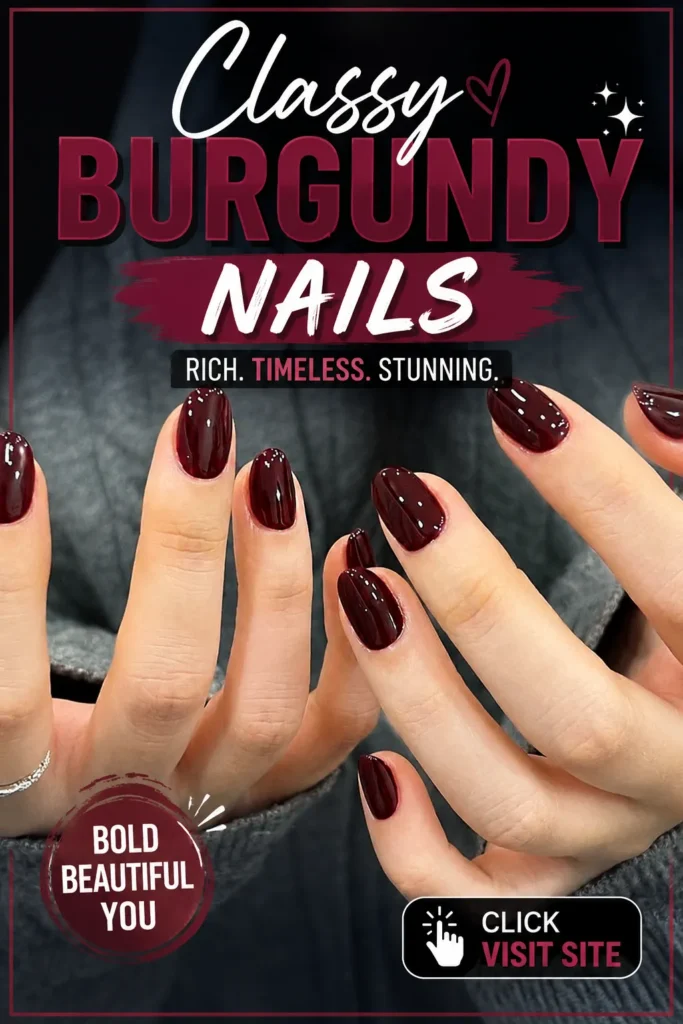 Elegant burgundy nail design featuring glossy almond-shaped nails with a rich dark red finish, stylish manicure inspiration, classy nail art trend, modern beauty look, and sophisticated nail styling for every season.