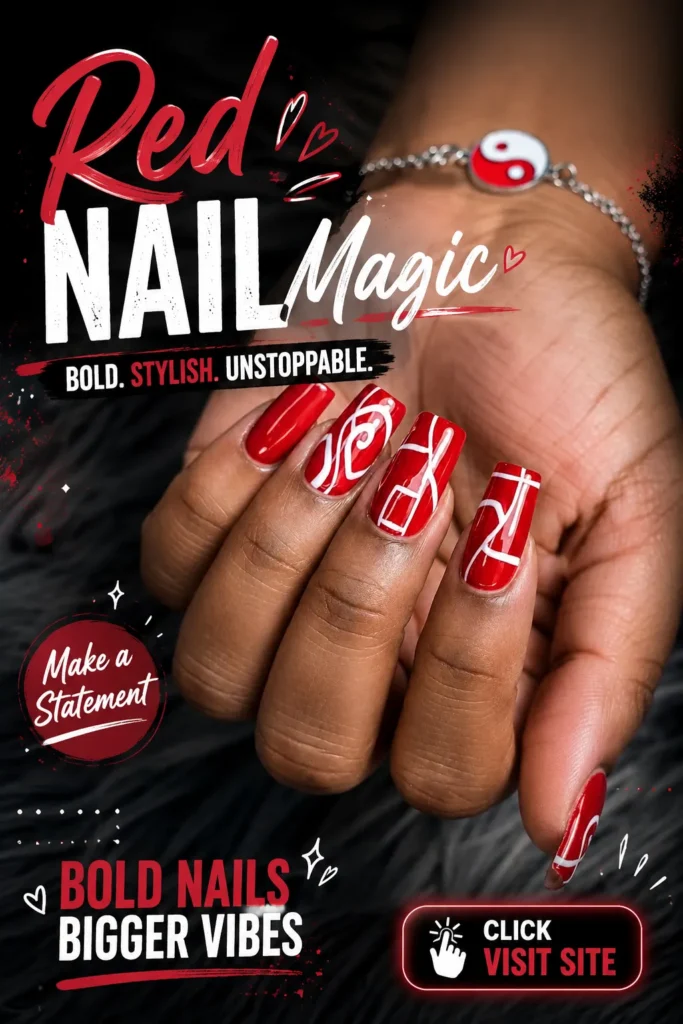 Stylish red acrylic nail design featuring glossy square nails with white abstract swirl patterns, modern nail art inspiration, trendy manicure look, bold red nails, fashionable beauty style, and creative nail design for every season.