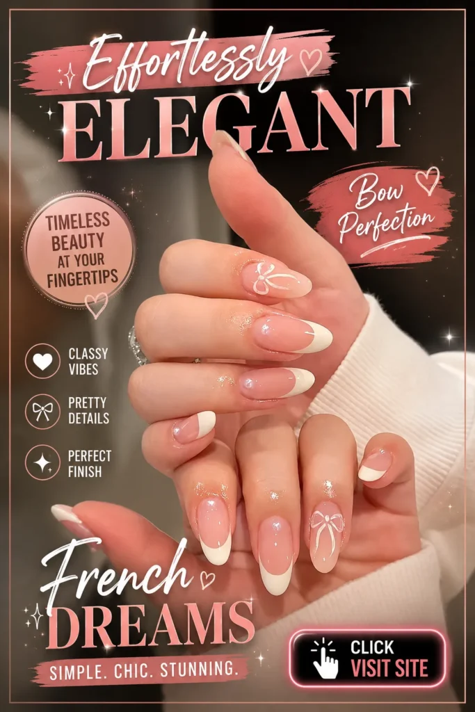 Beautiful French tip manicure featuring glossy almond-shaped nails with delicate bow accents, soft pink nail design, elegant bridal nail inspiration, classy feminine nail art, modern manicure trend, and stylish nail look for special occasions.