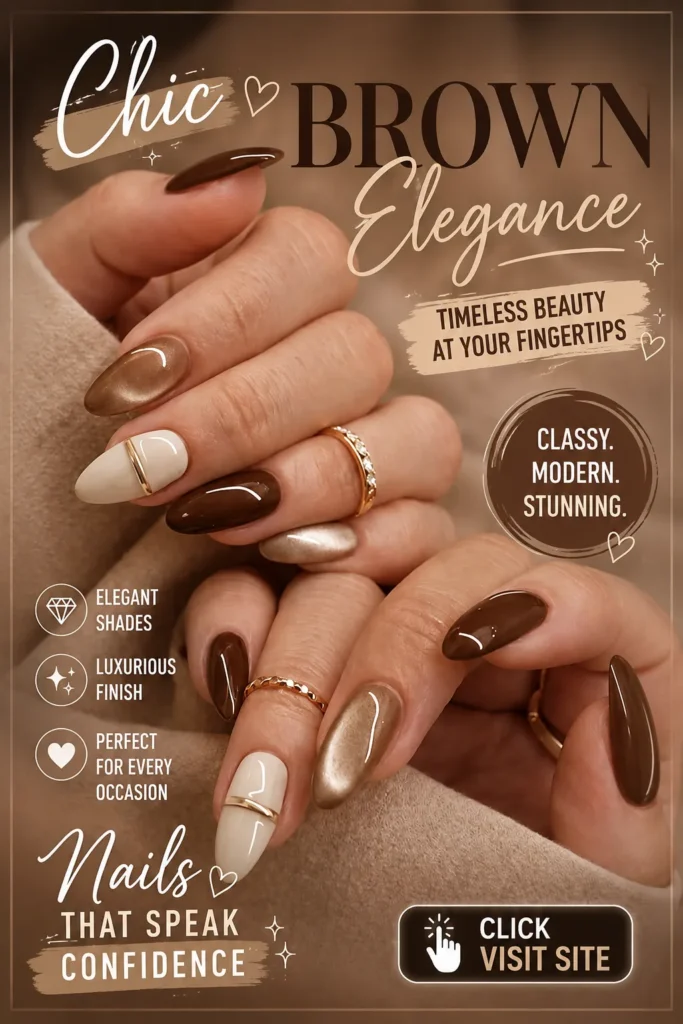 Elegant brown nail design featuring glossy almond-shaped nails with cream accents, metallic shimmer details, luxury manicure inspiration, classy neutral nail art, and sophisticated nail styling for every season.