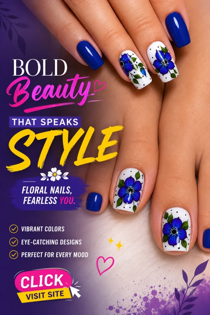 Royal blue floral nail art design with hand-painted blue flowers on white accent nails, glossy cobalt blue manicure and matching pedicure, elegant flower nail designs, trendy nail art inspiration, stylish summer nails, cute floral manicure ideas.