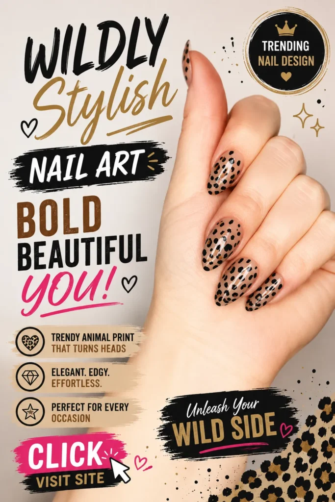 Leopard print nail art on almond-shaped nails with glossy finish, chic animal print manicure design, trendy neutral-toned nail art, stylish acrylic nails, fashionable leopard spot nails, elegant everyday manicure inspiration, modern nail design ideas for women.