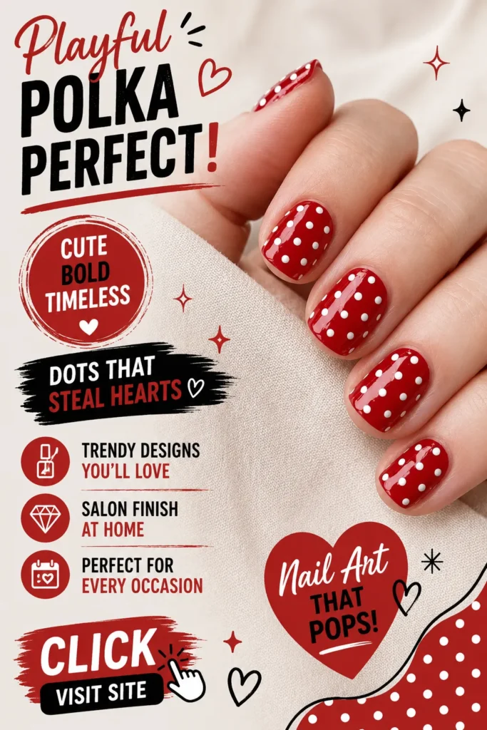 Red polka dot nail art design with glossy short nails, cute white dot manicure, classic retro-inspired nail art, elegant red nails with playful pattern, trendy nail design for everyday wear, stylish minimalist manicure inspiration, chic nail art ideas for all seasons.