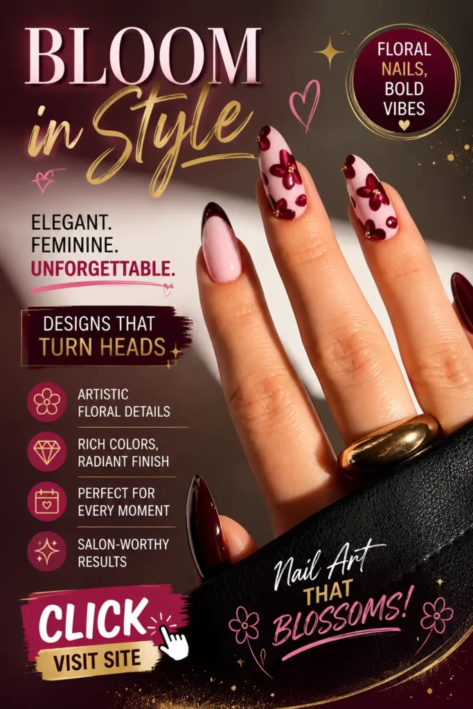 Burgundy flower nail art with glossy almond-shaped nails, elegant floral manicure design, deep red French tip nails, luxury nail inspiration, chic floral accent nails, stylish burgundy nail design, trendy feminine manicure, sophisticated nail art for special events and everyday glamour.