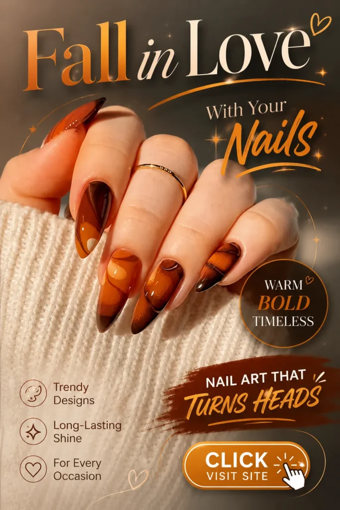 Modern amber abstract nail design featuring glossy almond-shaped nails with warm caramel, amber, and chocolate-toned swirls. Elegant nail art with artistic abstract patterns, high-shine finish, trendy manicure styling, and sophisticated nail design inspiration perfect for fashion lovers and special occasions.