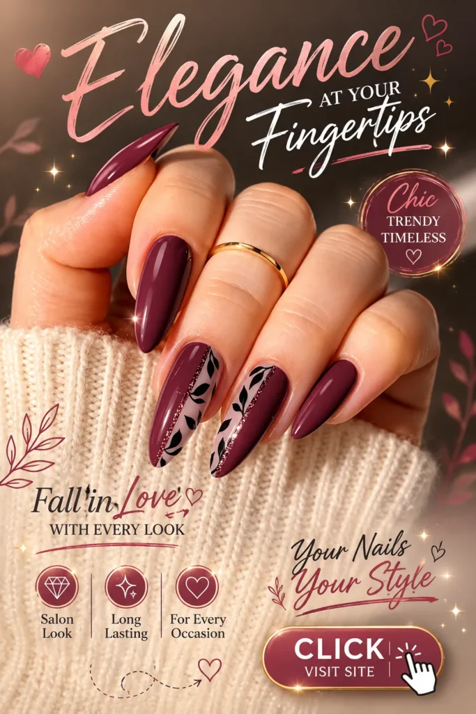 Elegant plum botanical almond nail design featuring glossy mauve nails with delicate black leaf accents and minimalist artwork. Sophisticated nail art with almond-shaped nails, modern botanical details, classy manicure styling, and trendy nail design inspiration perfect for everyday elegance and special occasions.