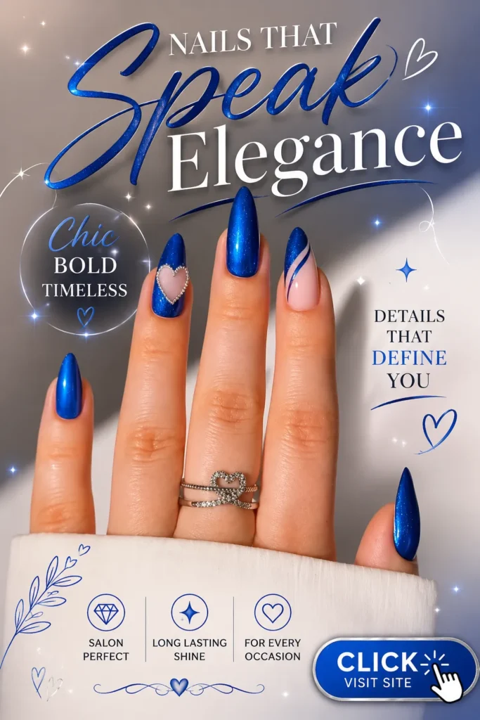 Royal blue chrome nail design featuring glossy almond-shaped nails with a metallic shimmer finish, delicate heart accent nail, and elegant blue swirl detail. Trendy nail art inspiration with bold blue tones, stylish manicure design, classy almond nails, and glamorous beauty styling perfect for special occasions and everyday elegance.