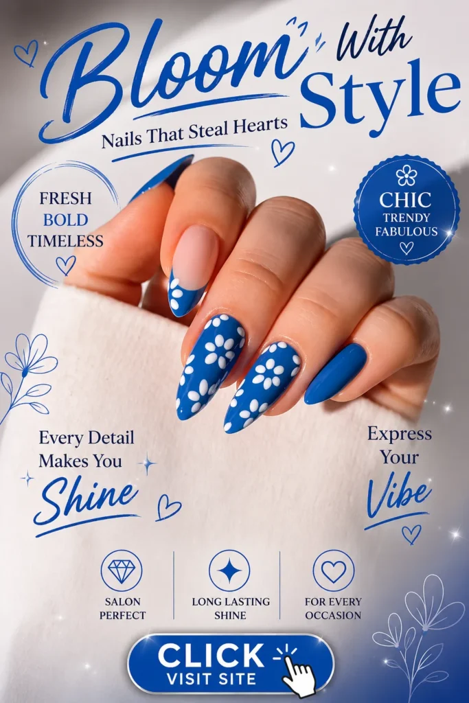 Blue daisy nail art featuring almond-shaped nails with vibrant blue polish, white floral patterns, and a stylish accent French tip. Cute summer nail design with playful flower details, trendy manicure inspiration, elegant nail art styling, and fresh seasonal beauty ideas perfect for everyday wear.