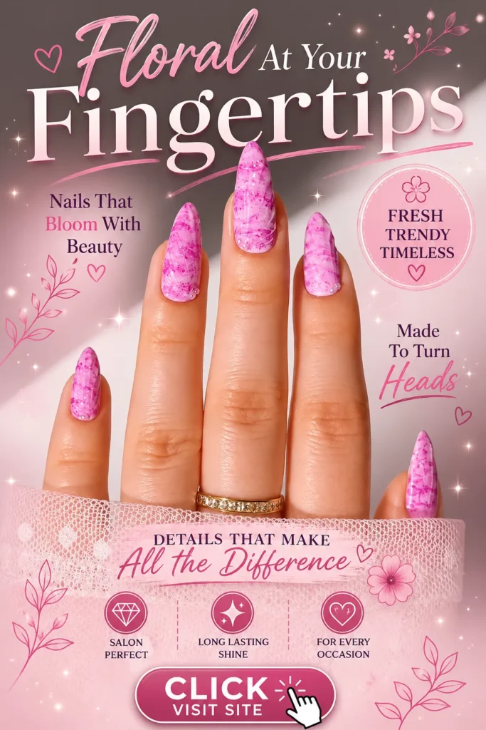 Pink marble glam nail design featuring long almond-shaped nails with soft pink marbled patterns, subtle shimmer accents, and elegant textured detailing. Trendy nail art inspiration with feminine styling, sophisticated manicure design, classy acrylic nails, and fashionable beauty trends perfect for special occasions and everyday elegance.