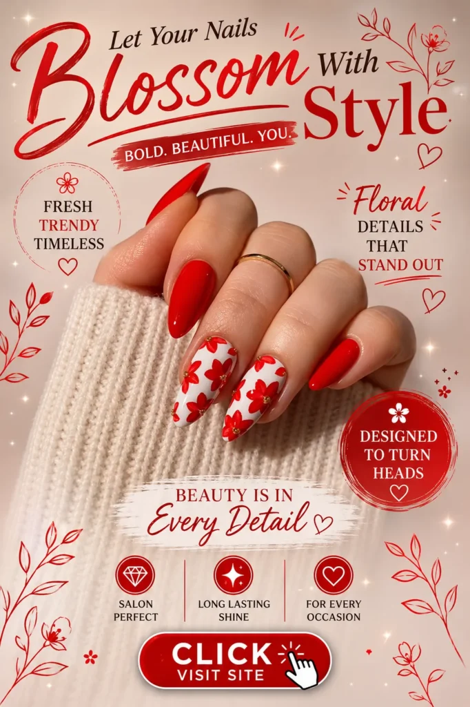 Red floral accent nail design featuring glossy almond-shaped nails with vibrant red polish and delicate red flower artwork on a white base. Elegant nail art with bold floral details, trendy manicure inspiration, stylish summer nails, and feminine nail design perfect for special occasions and everyday wear.