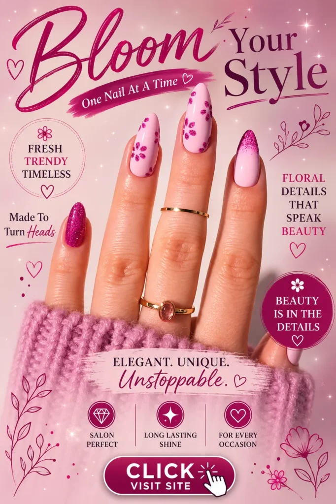 Elegant pink floral nail design featuring glossy almond-shaped nails with delicate pink flower accents and glitter ombre tips. Feminine nail art with soft pastel tones, trendy manicure inspiration, stylish floral nails, and classy nail design perfect for spring, summer, weddings, and everyday wear.