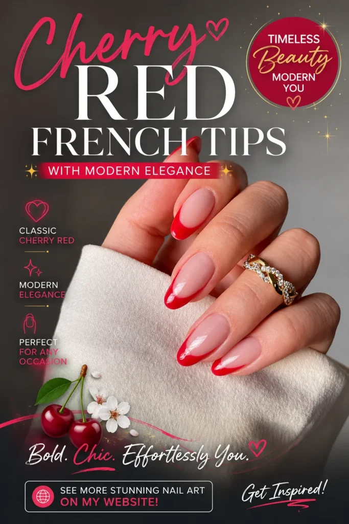 Close-up of elegant cherry red French tip nails on almond-shaped nails with a glossy finish. This modern manicure combines classic French nail design with bold red accents, creating a sophisticated and timeless nail art look perfect for any occasion.