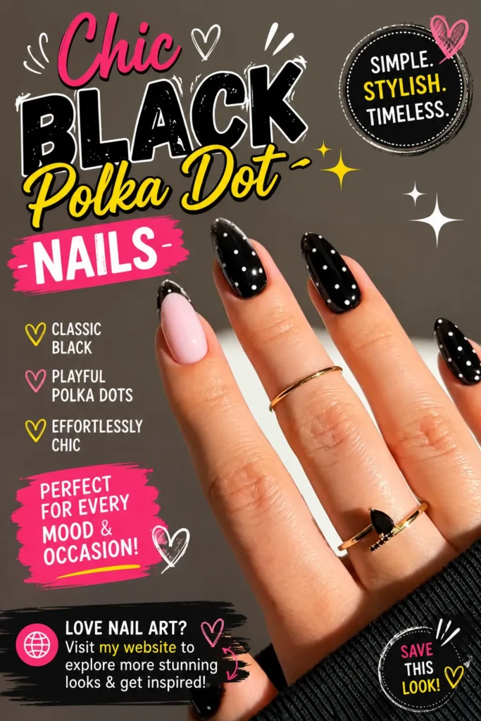 Chic Black Polka Dot Nails Chic Black Polka Dot Nails featuring glossy black almond-shaped nails with delicate white polka dots and elegant accent nails. Stylish minimalist nail art perfect for trendy manicures, classy nail designs, modern nail inspiration, and fashionable everyday looks.